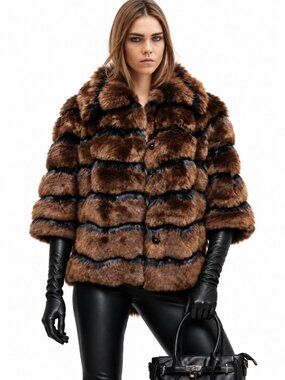 🖤💋BOHO GLAM🖤💋 70s Vibe Lux Vegan Chinchilla Fur Jacket in Brown & Black